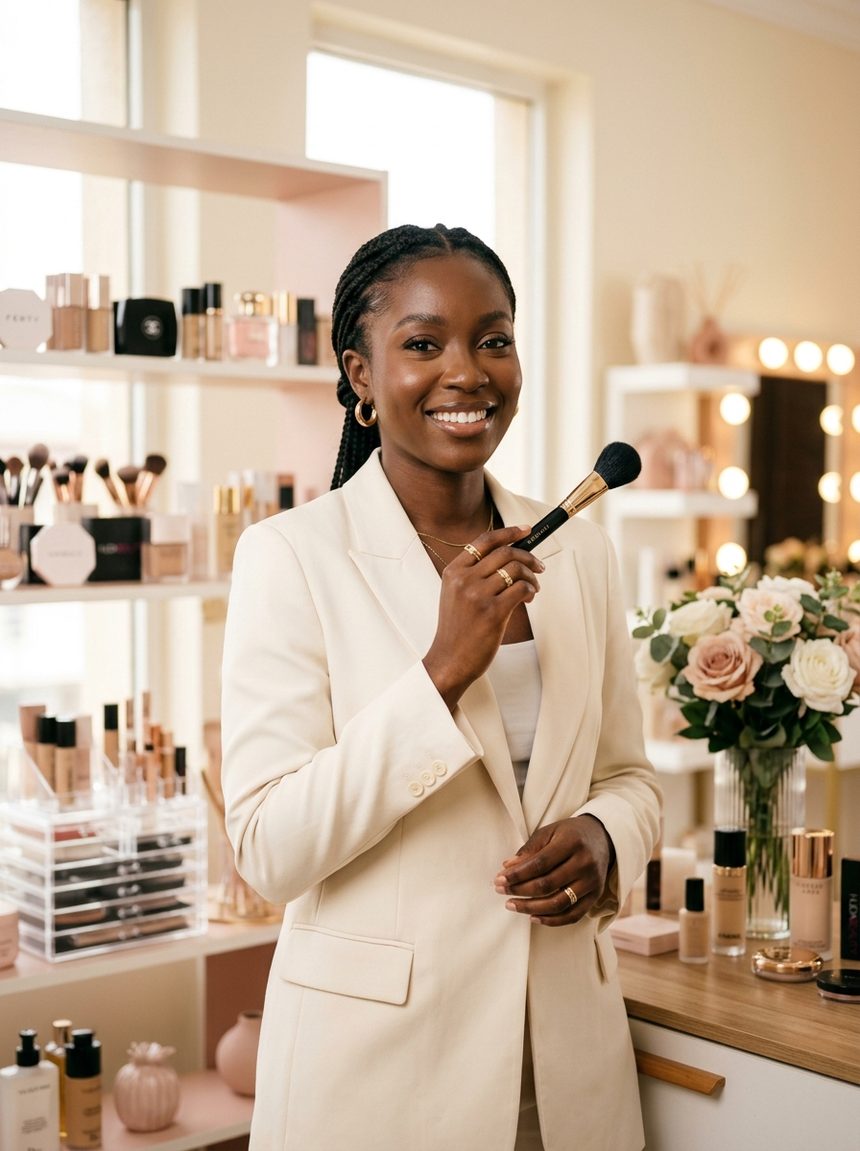 Oluwakemi Fashola, lead artist at Olufunks Signature, smiling in her studio with a makeup brush in hand
