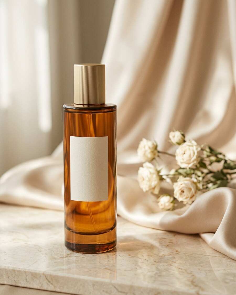 Olufunks Signature eau de parfum in an amber-glass flacon with a gold cap on a marble surface